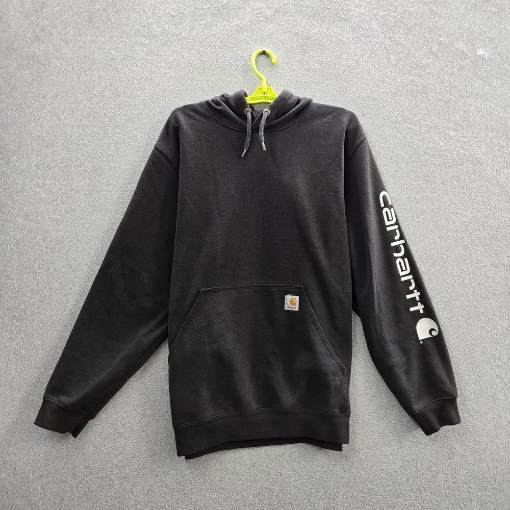 Carhartt Men Hoodie L Black Fleece Logo Spellout Activewear Loose Pullover